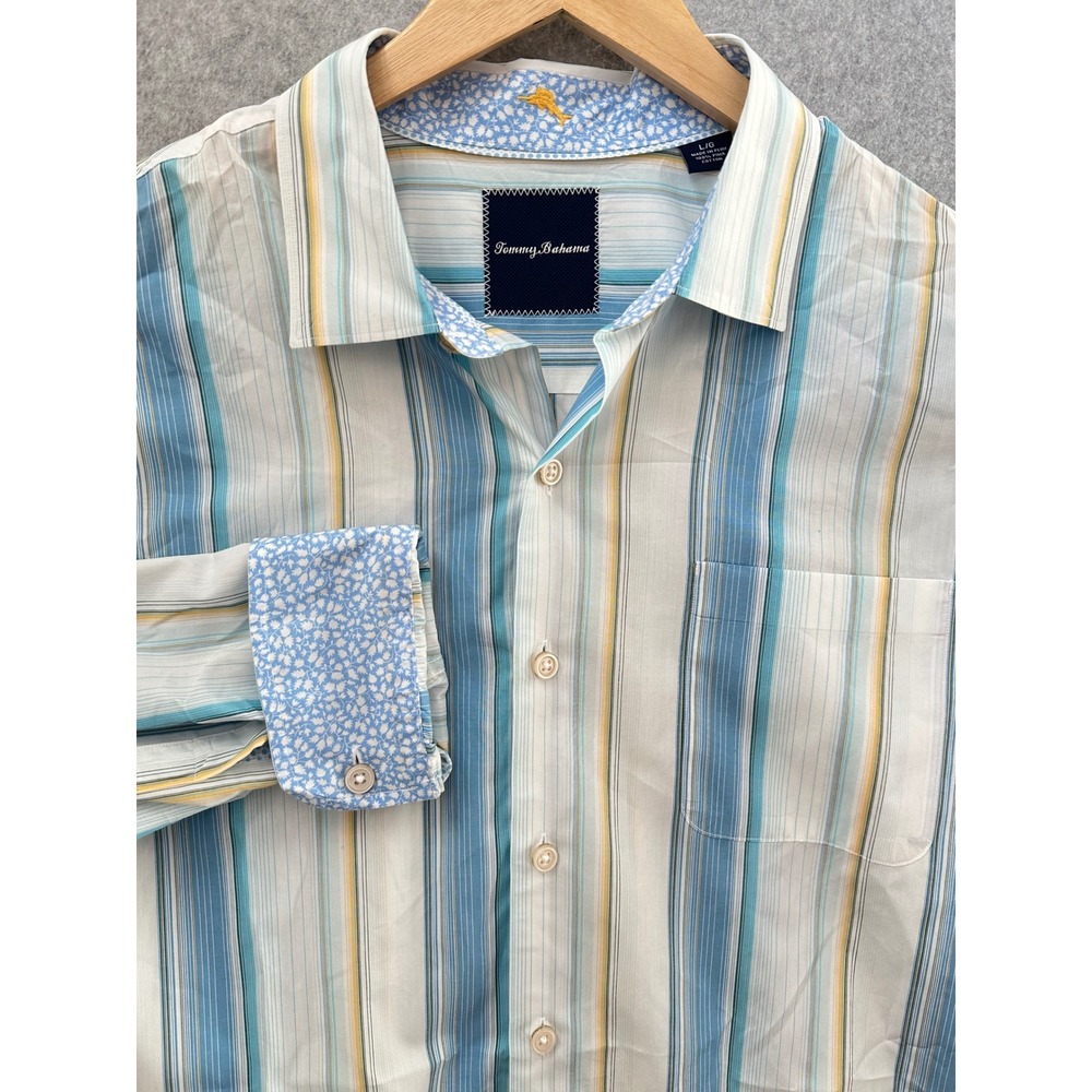 Tommy Bahama Mens Large Pima Cotton Striped Long Sleeve Button Down Shirt Blue